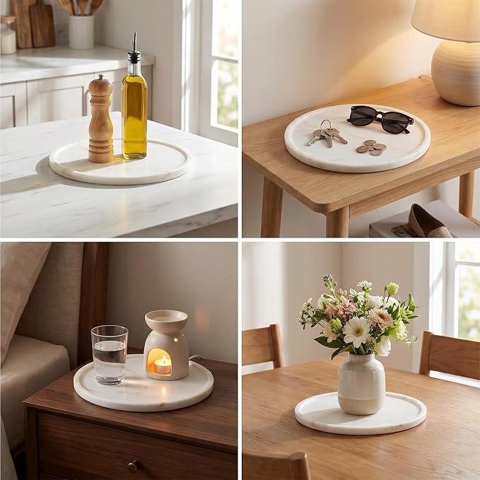 Karibiber Marble Serving Tray, 11.8in Round Vanity Tray for Bathroom Countertop, Calacatta White Candle Holder for Coffee Table/Kitchen, Stone Home Decorative Catchall Tray for Perfume