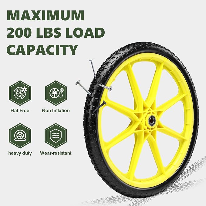 20"" Flat Free Tire and Wheel with 3/4"" & 5/8"" Bearing, Replacement Wheels for Rubbermaid Wheelbarrow,Lawn Carts, Big Wheel Utility Carts and Garden Yard Cart, 2 Pcs Yellow