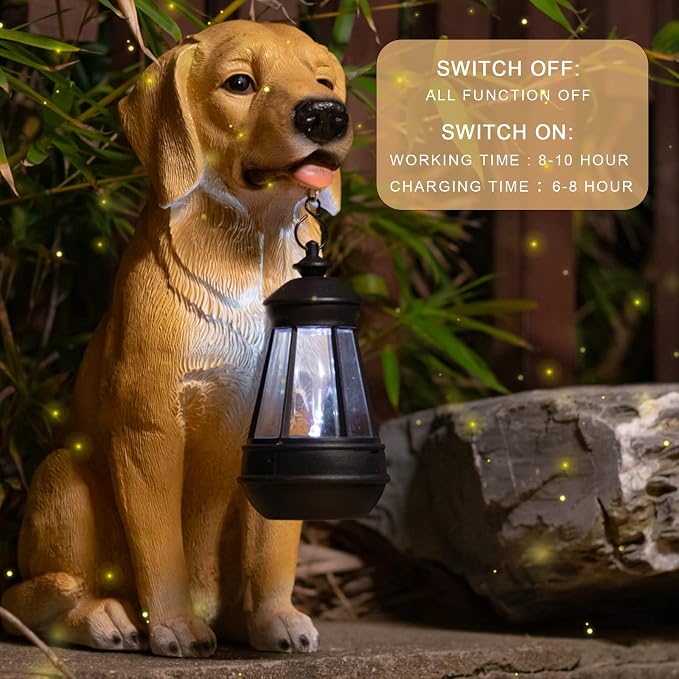 Garden Dog Statues Outdoor Decor, Golden Retriever Yard Outdoor Statue with Solar Lantern Lights Decorations Solar Dog Ornaments for Patio, Lawn, Yard Art Decoration, Housewarming Garden Gift for Mom
