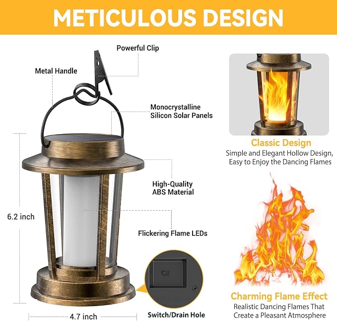 Solar Lanterns Outdoor Waterproof, Upgraded Flickering Flame Solar Lights Outdoor, Solar Powered Lanterns Decorative, Hanging Solar Lantern for Garden Yard Patio Path Porch Tree Decor 2 Pack(Copper)