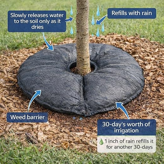 SteadySpring® 24" Smart 30+Day Tree Watering Mat - AUTO Refills with RAIN and Slow Releases As Plant Needs - for Root Balls 11" - 15" Dia Slow Release Technology Prevents Over and Under Watering (1)