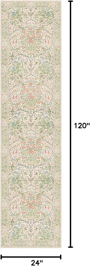 Washable Beige Green 2x10 Runner Rug for Hallway Kitchen Entryway Laundry Room, Non-Slip Stain Resistant Long Floor Mat, Vintage Floral Aethestic Design (Beige Green 2x10)