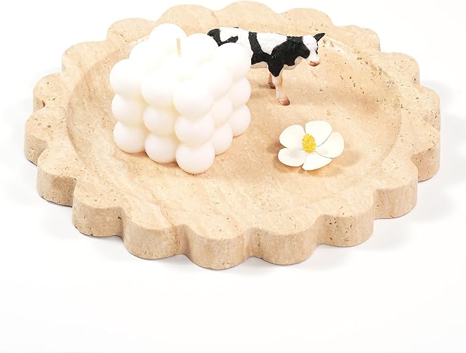 Travertine Scalloped Marble Tray - 9.9 Inch Round Stone Decorative Perfume Trinket Jewelry Dish, Catchall Organizer for Bathroom Vanity Dresser Kitchen Countertop Home Decor