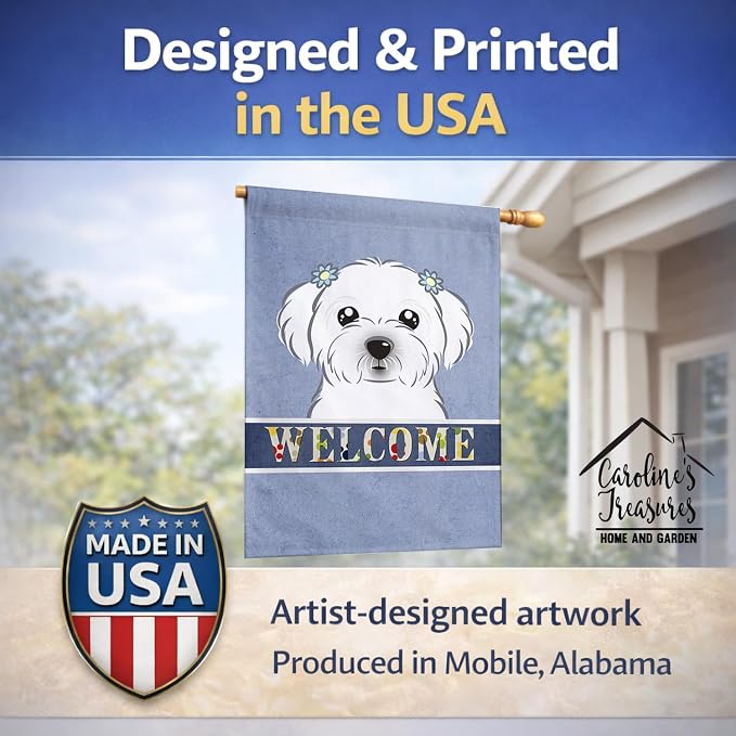 Caroline's Treasures BB1394CHF Maltese Welcome House Flag, Blue Large Porch Sleeve Pole Decorative Outside Yard Banner Artwork Wall Hanging, Polyester, House Size, Multicolor