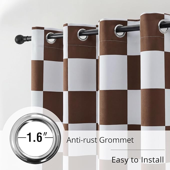 100% Blackout Checkered Curtains – 2 Panels, Each W52×L96, Thermal Insulated, Nosie Reducing for Bedroom, Modern Brown and White Checkerboard Design