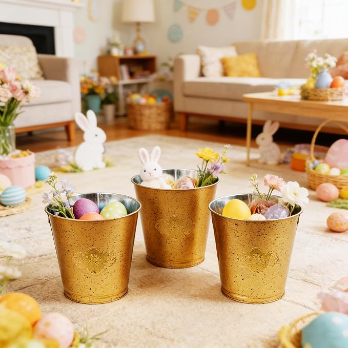 3 Pack Gold Metal Buckets, 6.5" x 6.6" Galvanized Decorative Pails for Floral Arrangements, Plant Pot Covers, Party Favors, Wedding Table Decor and Small Storage