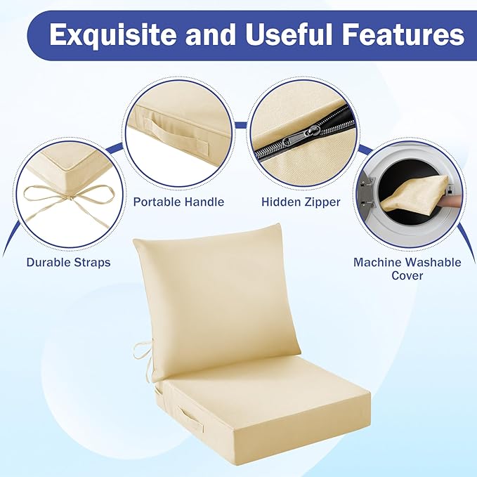 Outdoor Chair Cushions, 24 x 24 Inch Outdoor Cushion for Patio Furniture, Patio Chair Cushion, Waterproof & Fade Resistant Deep Patio Furniture Cushion Set with Handle and Ties, Light Khaki (Set of 4)