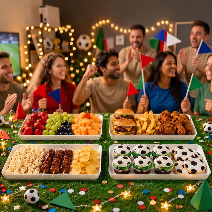 Lifewit 4 Pcs Serving Tray for Party Supplies, Reusable Plastic Food Serving Platter for Dessert, Snacks, Fruit, Cookies, Appetizers & Charcuterie, BPA-Free White Catering Trays for Buffets Display
