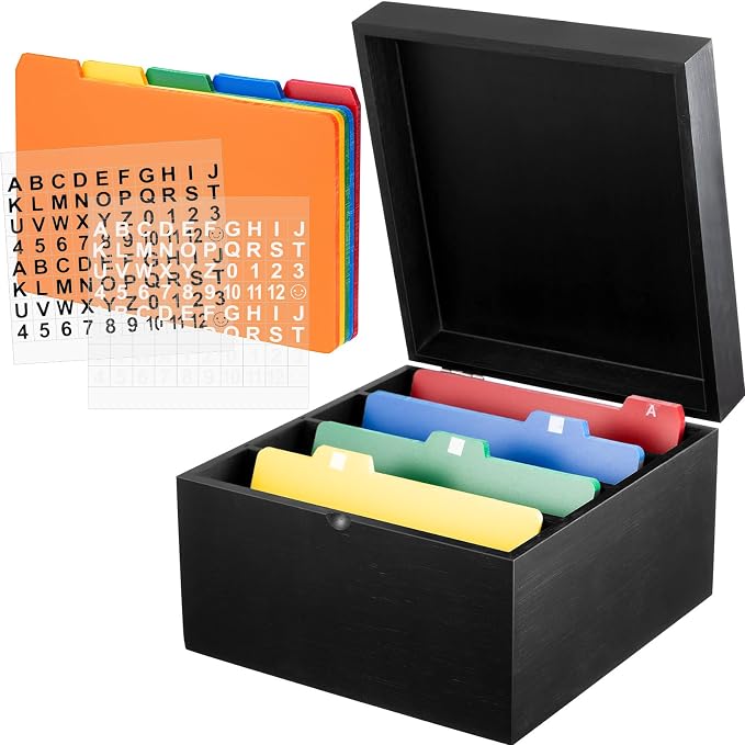 Henoyso 5 x 8 Inch Index Card Holder Set, Bamboo Organizer Box with 50 Dividers & 2 Sheets Alphabet Number Stickers File Note Holders, Holds 1200 Cards for Office Business Home Kitchen, Black