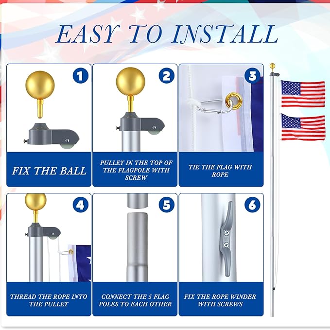 FuWeave Flagpoles for Outside House in Ground 16 ft Sectional Flag Pole Kit Extra Thick 16 Gauge Heavy Duty Aluminum Flag Pole with Gold Ball Top for Residential or Commercial (Silver)