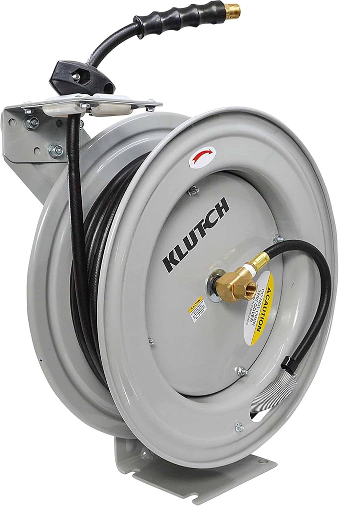 Klutch Auto Rewind Air Hose Reel - with 1/2in. x 50ft. Rubber Hose, 300 PSI