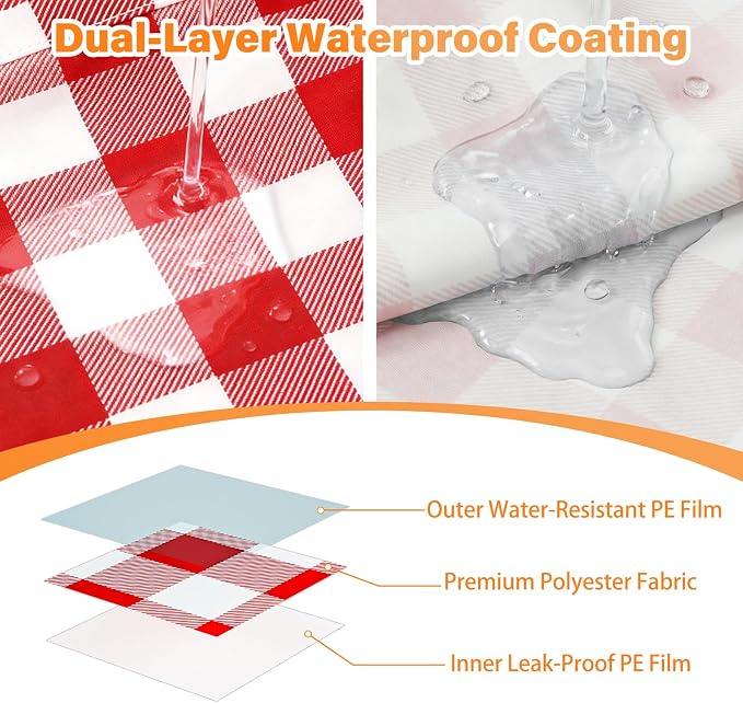 HappyTrends Fitted Picnic Table Cover with Bench Covers - 6FT Dual Layer Waterproof Camping Tablecloth with Windproof Elastic Edging & Bag, Washable RV Camping Essentials (96x30in, Red & White)