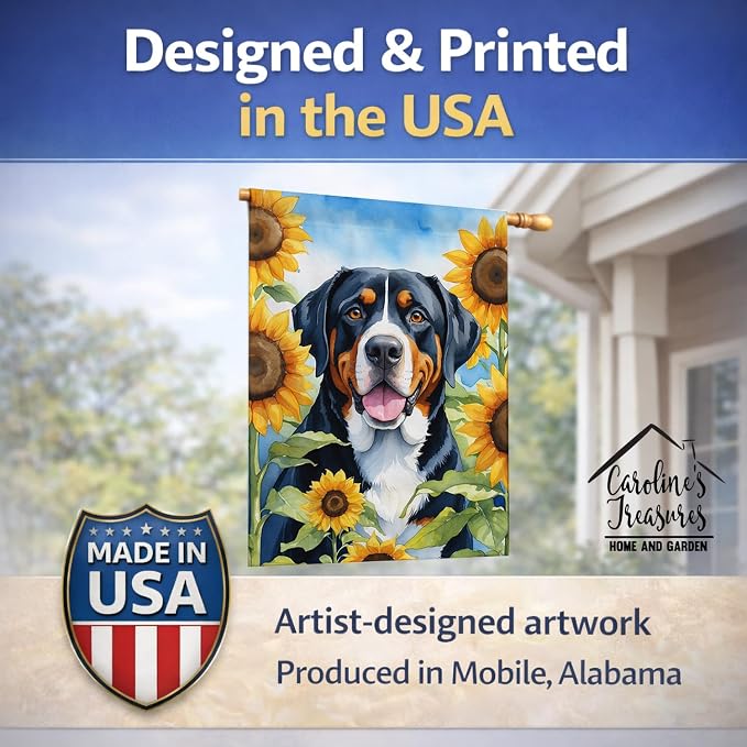 Caroline's Treasures DAC6094CHF Greater Swiss Mountain Dog in Sunflowers House Flag Large Porch Sleeve Pole Decorative Outside Yard Banner Artwork Wall Hanging, Polyester, House Size, Multicolor