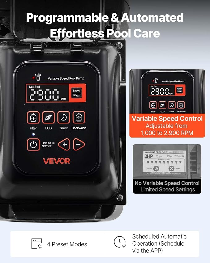 VEVOR Variable Speed Pool Pump 2 HP AC 220-240V 145 GPM In/Above Pool Pump | for Inground Above Ground Swimming Pool, Powerful Self Priming, APP Remote Control, with Filter Basket, Programmable Timer