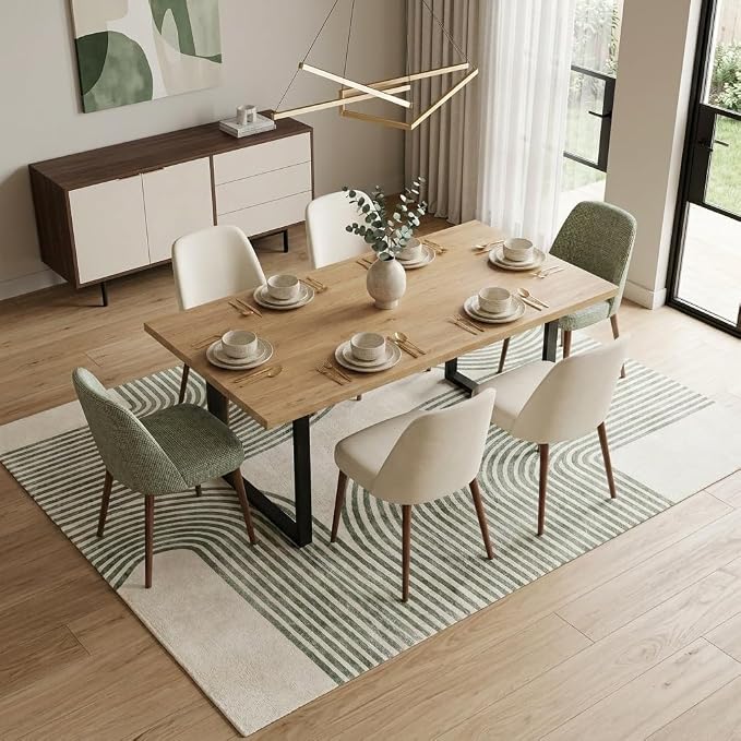 6x9 Green and Beige Modern Geometric Arch Stripe Area Rug | Machine washable, non-slip, low-pile faux cashmere rug for living room, bedroom, dining room, and home office.