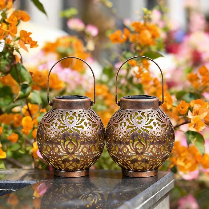 2 Pack Solar Lanterns Outdoor Gifts, IP44 Waterproof Hanging Solar Lights Decor Lamp for Garden, Patio, Pathway, Yard, Porch (Vintage Bronze Flower)