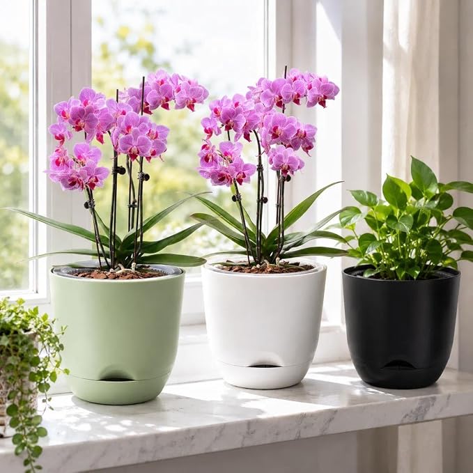 5.7Inch White Orchid Pots with Holes for Repotting, Double-Layer Plastic Self Watering Flower Pots for Indoor Plants with Drainage Holes, Clear Orchid Pot Match Decorative Orchid Container, 5 Packs