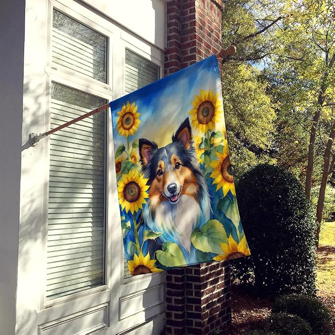 Caroline's Treasures DAC6160CHF Sheltie in Sunflowers House Flag Large Porch Sleeve Pole Decorative Outside Yard Banner Artwork Wall Hanging, Polyester, House Size, Multicolor