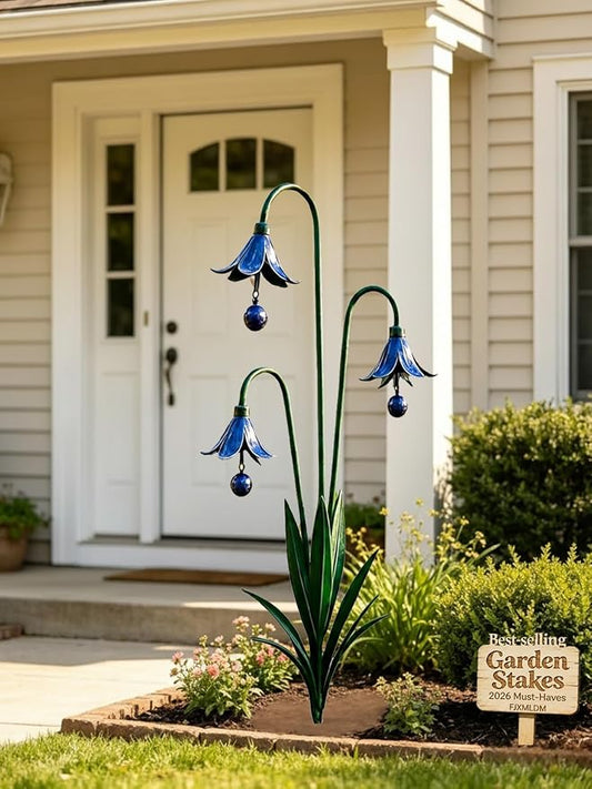2026 New Triple Bluebell Garden Stake with Bells, Handmade 26inch Metal Rain Chimes Flower Plant Sculpture Yard Decorations Outdoor Rustic Wind Chime Ornament Gift for Walkways Patios Lawn
