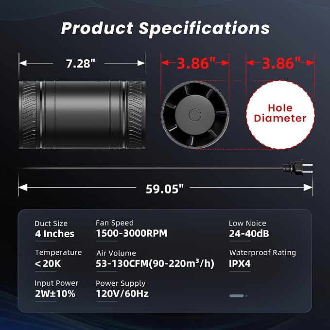 4 Inch Inline Duct Fan with Remote,2Way 6Speed,Low Noise Save Energy | 130CFM Airflow,2Way 6Speed Duct Fan,433MHz Remote Control,100% Pure Coppe DC Motor,24dB Low Noise,Easy Installation