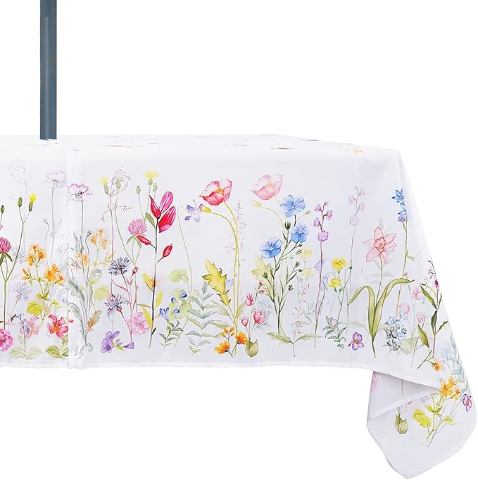 Outdoor Tablecloth with Umbrella Hole and Zipper, Patio Table Covers for Spring/Summer, Machine Washable Outdoor Party/Picnic Rectangle Table Cloth 60 x 102 in
