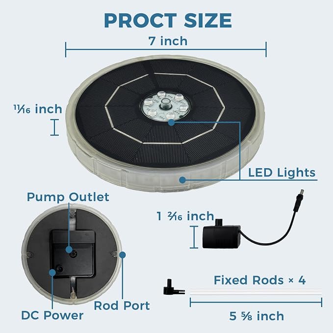 Solar Fountain for Bird Bath with Colorful LED Lights, Floating Solar Fountain Fixed Rods, 3W Solar Powered Water Fountain Pump with Strong Spray & 5 Nozzles for Pond, Pool, 23 LED Lights
