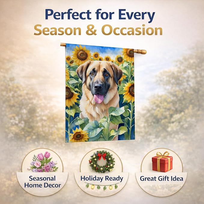 Caroline's Treasures DAC6012CHF Anatolian Shepherd in Sunflowers House Flag Large Porch Sleeve Pole Decorative Outside Yard Banner Artwork Wall Hanging, Polyester, House Size, Multicolor