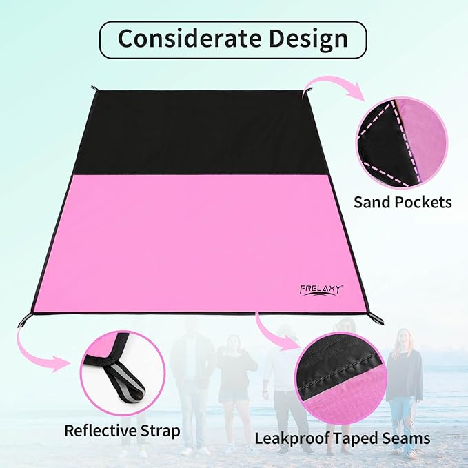 Frelaxy Pocket Picnic Blanket, Waterproof Sandproof Beach Mat, Compact Camping Tarp for Festivals, Hiking, Travel, Outdoor Recreation (Pink & Black, 35'' x 57'')
