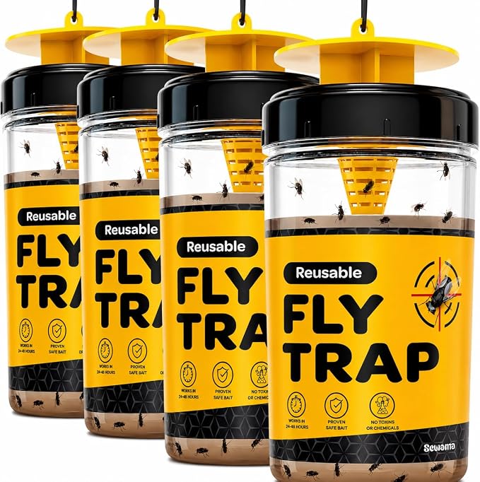 Outdoor Fly Trap [Set of 4] Fly Traps with Dissolvable Non-Toxic Bait - Fly Repellent for Outdoor Use Only - Controls Flies for Patios, Barns, Ranches Etc. Hanging Fly Traps with Tie Included