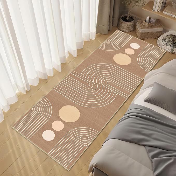 Boho Runner Rug 2x6 Modern Geometric Abstract Rug for Hallway Kitchen Bedroom Brown Mid Century Modern Runner Machine Washable Non-Slip Printed Low-Pile Long Floor Carpet for Bathroom Laundry Brown