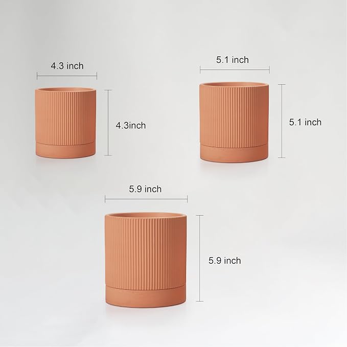 HERDUK Modern Terra Cotta Pots, 6 Inch 5.1 Inch 4 Inch Ribbed Textured Clay Planter Set with Drainage Holes & Saucers, Garden Pots for Indoor/Ourdoor Plants Succulent, Cactus & Herb