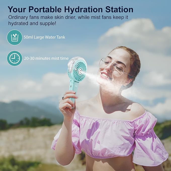 HandFan 4000mAh Handheld Misting Fan, 50ml Water Tank, Rechargeable Personal Mister Fan Portable AC, Spray Water Mist Fans, Foldable Cooling Ice Fans for Beach, Travel, Outdoors(Light Blue)