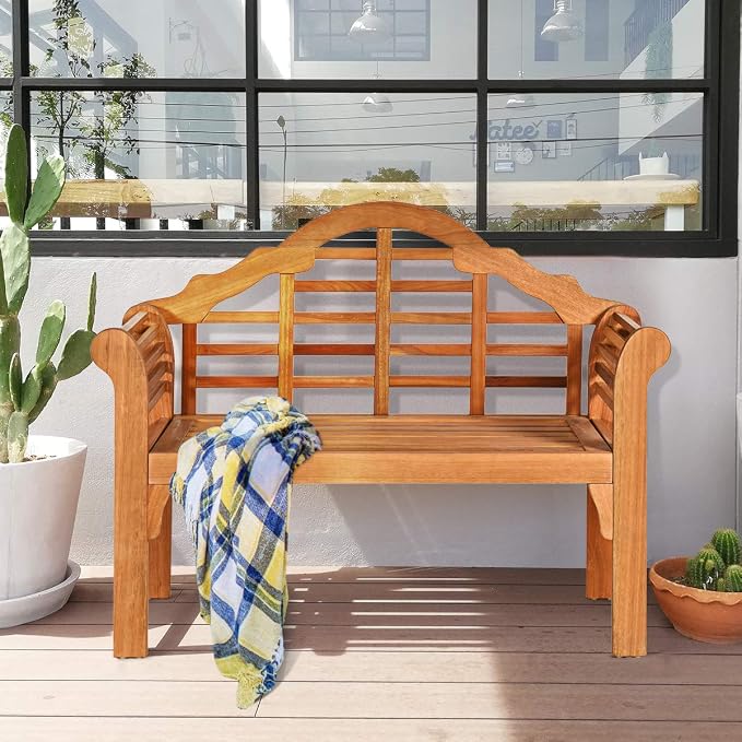 Giantex Outdoor Wood Bench, 4 Ft Foldable Eucalyptus Garden Bench, Two Person Loveseat Chair Solid with Curved Backrest and Armrest Ideal for Patio, Porch or Balcony (Teak)