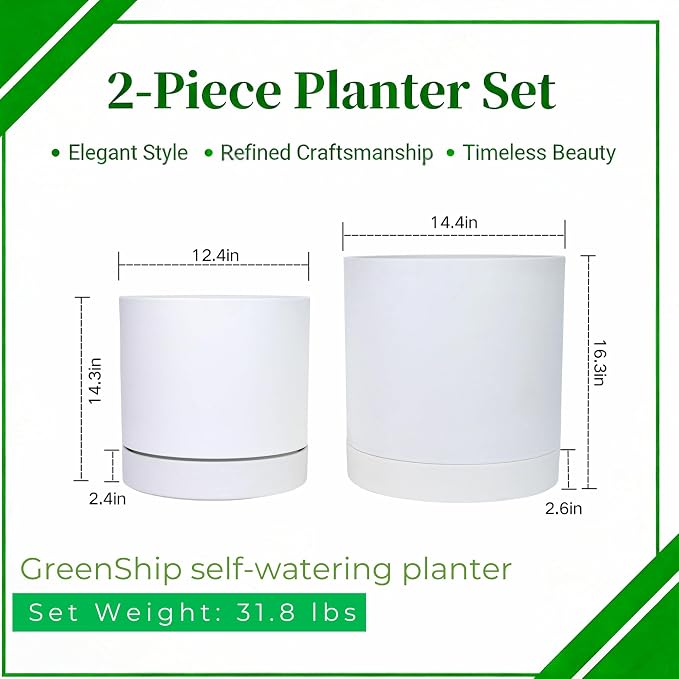 GreenShip Planter Set of 2 (13.8" & 11.8") – Cylinder Planters with Drainage Hole and Planter Saucer, Jun Porcelain Clay & Recycled Resin, Decorate Home,Office & Outdoor,White pots