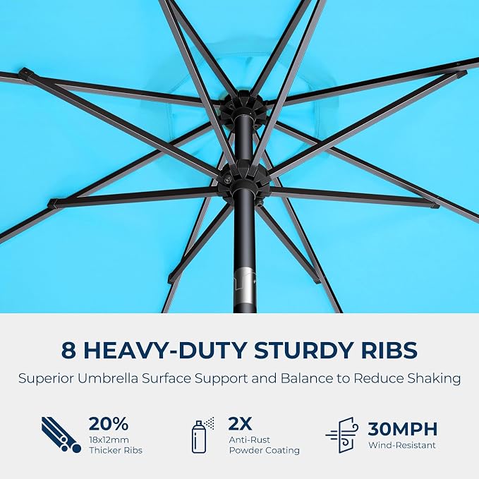 HOMSHADE 9ft Solar Patio Umbrella - Solar Lights LED Lighted Outdoor Market Table Umbrella, UPF50+ UV Protection with Push Button Tilt, Crank for Pool Deck and Garden (Light Blue)