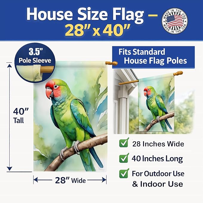 Caroline's Treasures African Ringneck Parrot House Flag Large Porch Sleeve Pole Decorative Outside Yard Banner Artwork Wall Hanging, Polyester, House Size, Multicolor