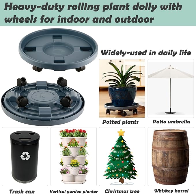 3 Pakcs Large Plant Caddy with Wheels 15.8" Rolling Plant Stands Heavy-duty Plastic Plant Roller Base Pot Movers Plant Saucer on Wheels Indoor Outdoor Plant Dolly with Caster Planter Tray Coaster Grey