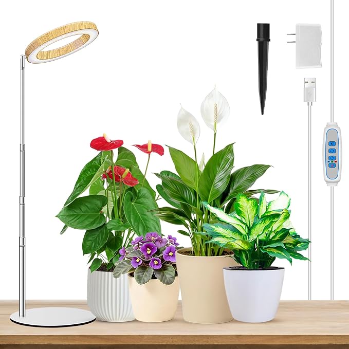 Aokrean Grow Light, Full Spectrum 6.3in Halo Growing Lamp with Metal Base | 80 LEDs Wood Grain 1-Pack, 2 Installation Ways, 9.8-37.4 in Height Adjustable, 3 Lighting Modes, 6/12/16Hrs, 5 Brightness