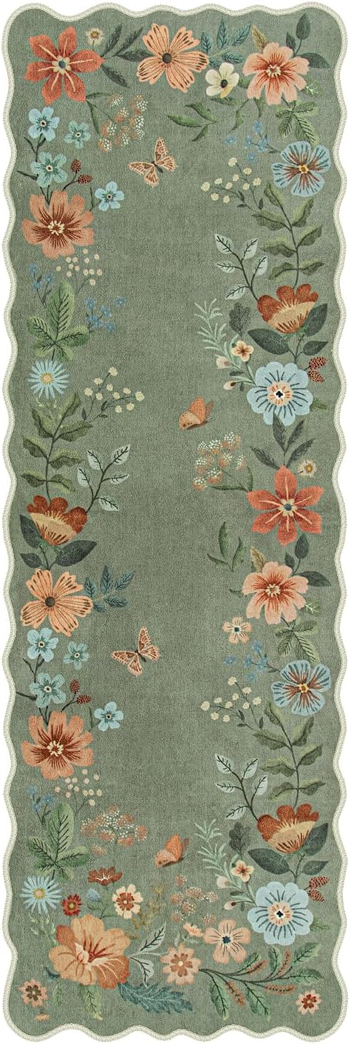 Lahome Floral Runners for Hallways, 2X6 Kitchen Runner Rug Ultra-Thin Soft, Non-Slip Hallway Rug Stain Resistant Boho Low-Pile Carpet for ‎Laundry Bathroom Bedroom Flore (2x6ft,Green)