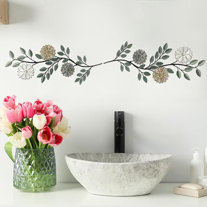2 Pcs Metal Flower Leaves Wall Art Spring Wall Decor Living Room, 15.75 Inch Vintage Rustic Branch Leaf Wrought Iron Scroll Art Decor for Summer Bedroom Indoor Outdoor Decorations(Green)