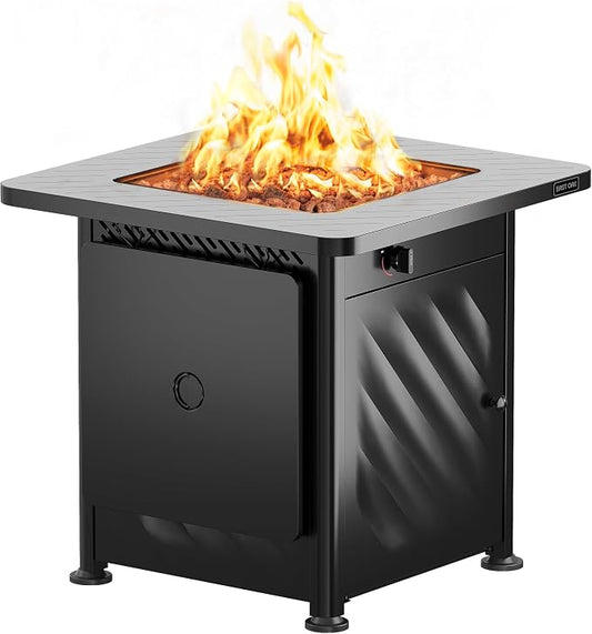 East Oak 28” Outdoor Propane Fire Pit Table | 52,000 BTU Gas Fire Pit for 2-4 People with Space-Saving Hock Lid, Mesh Pocket & Lava Rocks | CSA Certified Safe for Patio, Deck, Backyard, Black