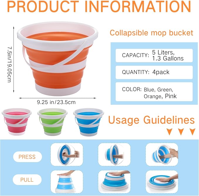Pickmesh 4 Pcs Collapsible Bucket 1.3 Gallon (5l) Foldable Collapsible Sand Bucket with Handle Small Cleaning Pail for Household Outdoor Car Washing Camping Beach Sand
