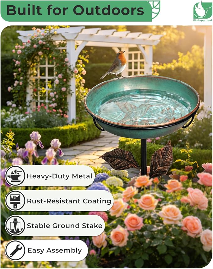 Metal Bird Bath for Outside 12" Bowl – Hummingbird Embossed Garden Birdbath with Stake | Removable Bowl, Rust Resistant Outdoor Water Bowl for Small Birds, 36" Yard Lawn Decor