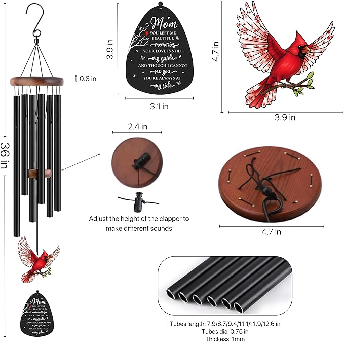 Memorial Wind Chimes for Loss of Mother, Sympathy Gifts for Loss of Mother - 36'' Red Cardinal Wind Chimes for Outside with Mute Option, Gift for Someone Who Lost Their Mom, in Memory of Mom