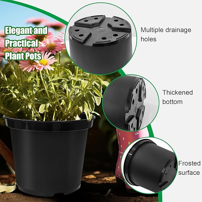 RooTrimmer 7 5 3 Gallon Nursery Pots 9 Pack Set, Plastic Planter with Drainage Holes – Round, Sturdy, Deep Design for Indoor/Outdoor Plants