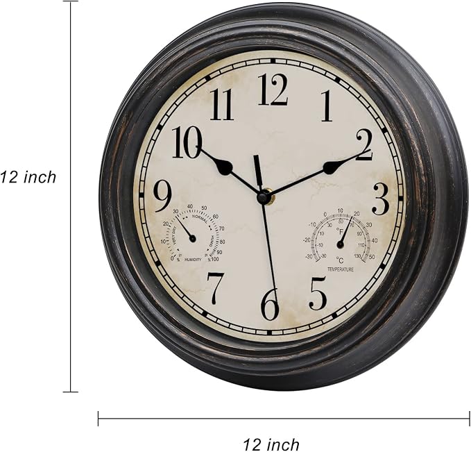 12 Inch Indoor Outdoor Retro Waterproof Wall Clock with Thermometer and Hygrometer, Battery Operated Quartz Round Wall Clock Silent Non Ticking Home Decor,Bronze
