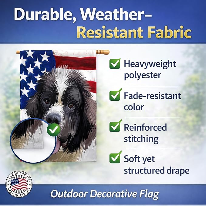 Caroline's Treasures CK6604CHF Landseer American Flag House Flag Large Porch Sleeve Pole Decorative Outside Yard Banner Artwork Wall Hanging, Polyester, House Size, Multicolor