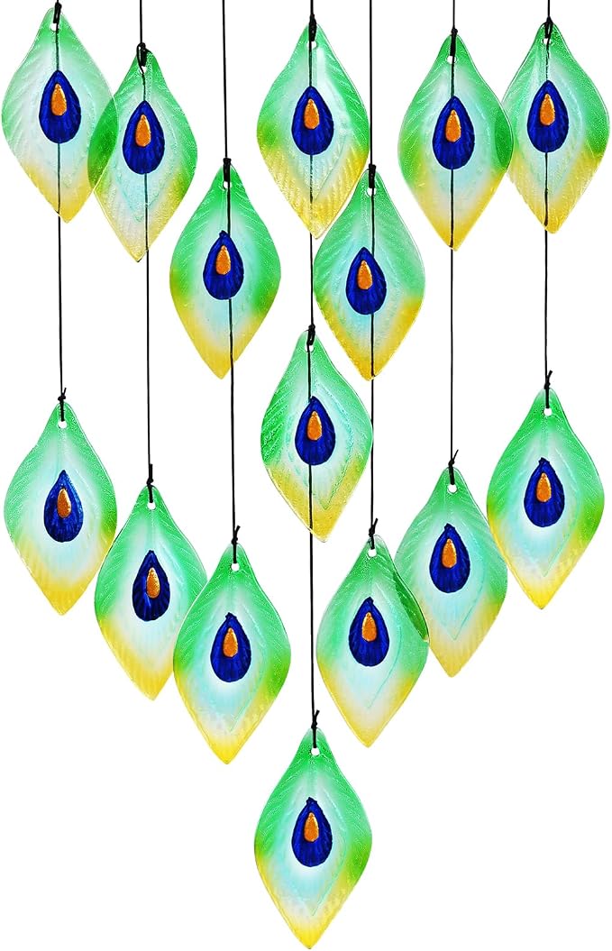 Handmade Peacock Feathers Glass Wind Chimes – Sea Glass Garden Windchimes for Outside, Hand-Painted Glass Suncatcher, Durable