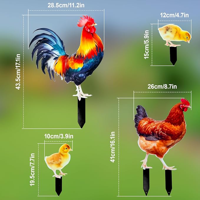 Chicken Family Metal Yard Stakes Set of 4, Double-Sided Metal Garden Stake Decor with Rooster Hen and 2 Chicks, Outdoor Chicken Yard Art for Garden Patio Farmhouse, Unique Gifts for Mom Grandma