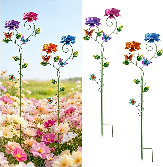 2 Pack Bee Watering Station, 3D Colorful Metal Bee Bath for Garden, Butterfly Feeder with Flower Design, Anti-Drowning Bee Watering Feeder Cups for Outdoor Yard Lawn Patio Decor